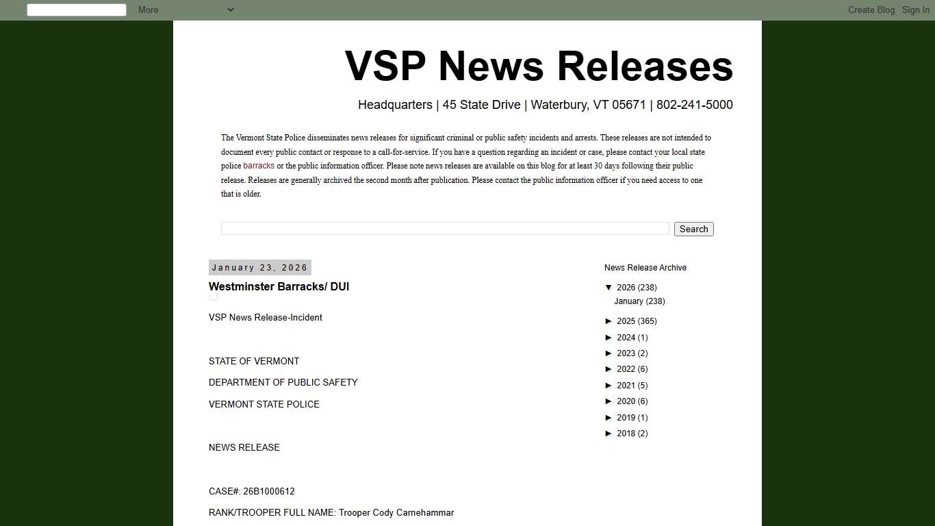 VSP News Releases: Westminster Barracks/ DUI