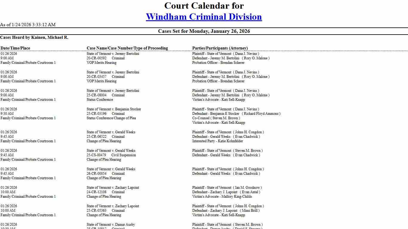 Windham Criminal Division Calendar